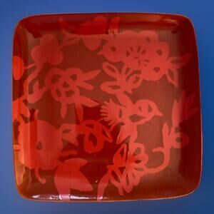 Tomato Red Modern Abstract Botanical Floral Bird Platter 11" x 11"